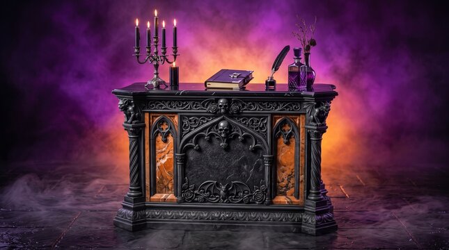 Ornate gothic altar with candles and a spell book in a dark mystical room.