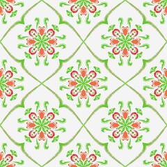 Hand-drawn floral repeat with red and green botanical ornaments framed by curved quatrefoil outlines on a white ground, creating an airy decorative textile surface. © Prayma