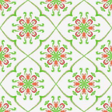 Hand-drawn floral repeat with red and green botanical ornaments framed by curved quatrefoil outlines on a white ground, creating an airy decorative textile surface.