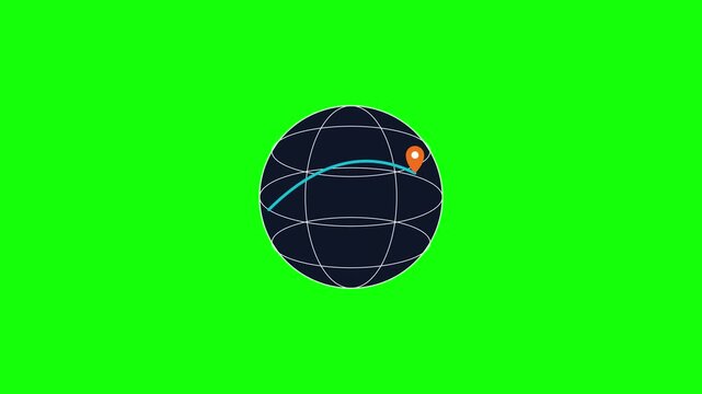 Animated globe with travel route and location pin on green screen background, for mapping and, travel earth