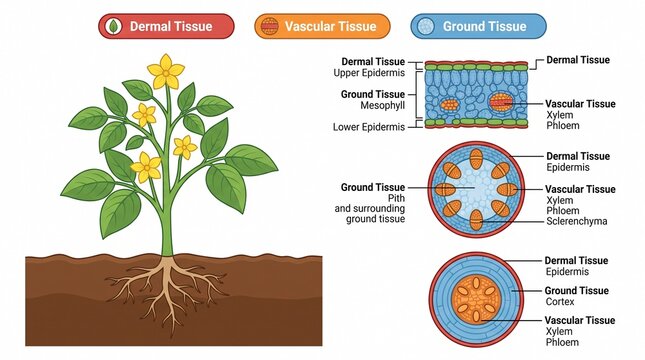 Plant anatomy diagram showing dermal vascular and ground tissues