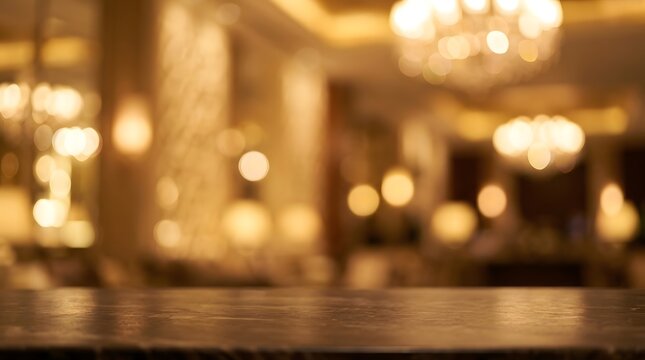 An elegantly lit interior featuring soft golden lights  out of focus chandeliers  and a polished wooden table edge suggesting upscale hospitality or celeb n settings