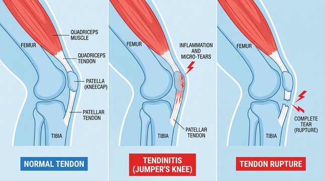 Medical diagram of knee tendon injury stages from healthy to rupture