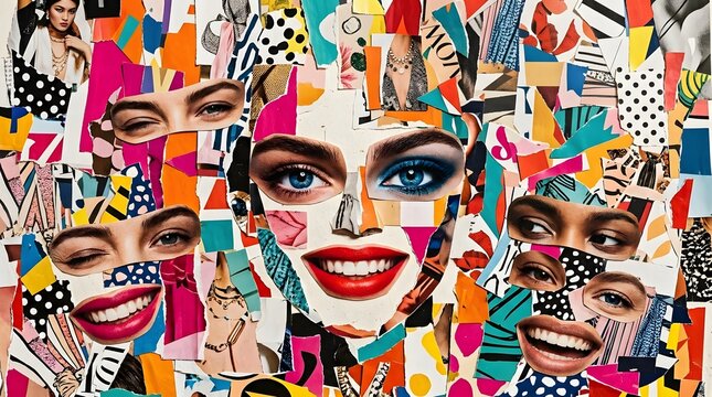 An ic collage featuring fragmented facial features like eyes  lips  and eyebrows layered over bright geometric shapes and abstract designs