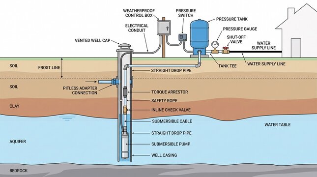 Detailed cross section diagram of a residential water well system