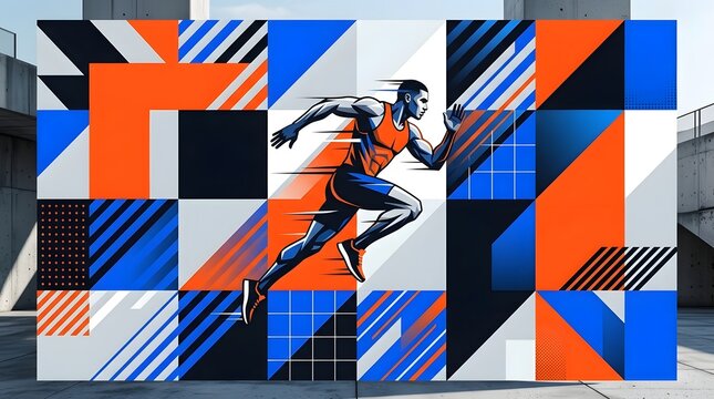 An athletic figure sprinting forward through an abstract composition of angular blocks  stripes  and gradients in vivid orange  blue  and black tones
