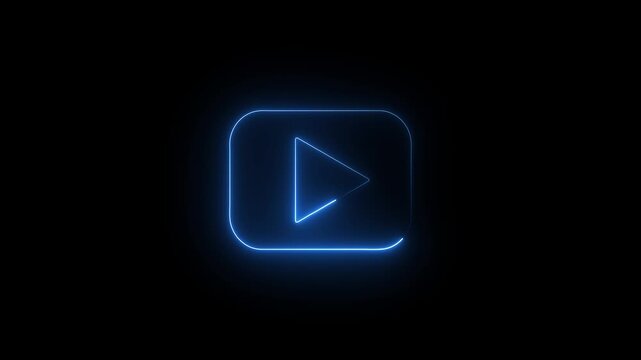 blue neon rectangular play button symbol on black background,
