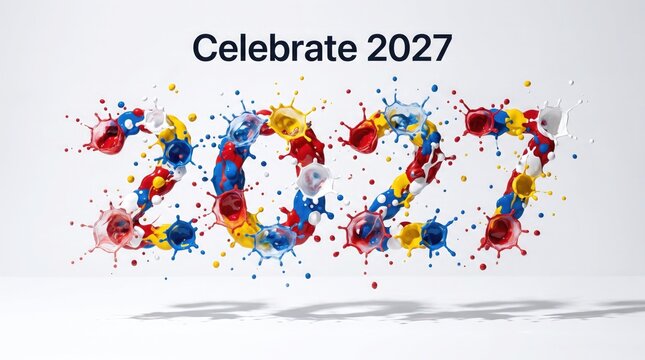 Colorful abstract watercolor paint splash forming the number 2027 for new year