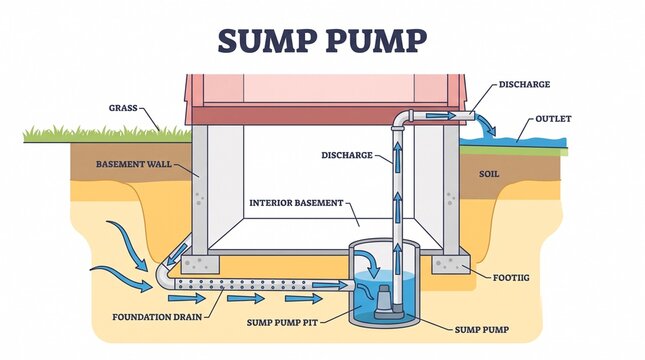Sump pump system diagram showing basement water drainage process