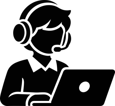 Customer service agent icon with headset and laptop, call center operator vector illustration