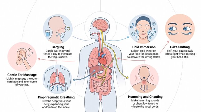 Medical infographic showing various methods to stimulate the vagus nerve