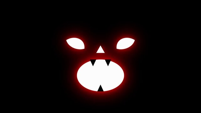 Glowing red monster face animation with sharp fangs and sinister eyes in dark digital video footage