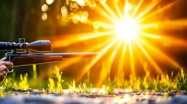 Hunter Aiming Rifle at Golden Sunset with Sunburst Effect