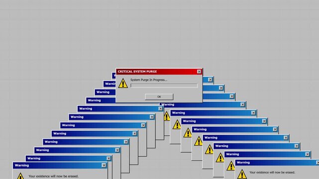 Digital Computer System Glitch Concept Featuring Multiple Cascading Warning Alert Notification Windows on Screen