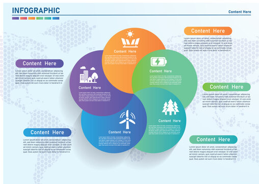 5 steps eco green energy infographic template with overlapping circle diagram for sustainable presentation vector illustration