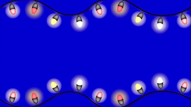 Colorful flashing christmas lights frame on blue background creating a festive holiday garland loop with copy space