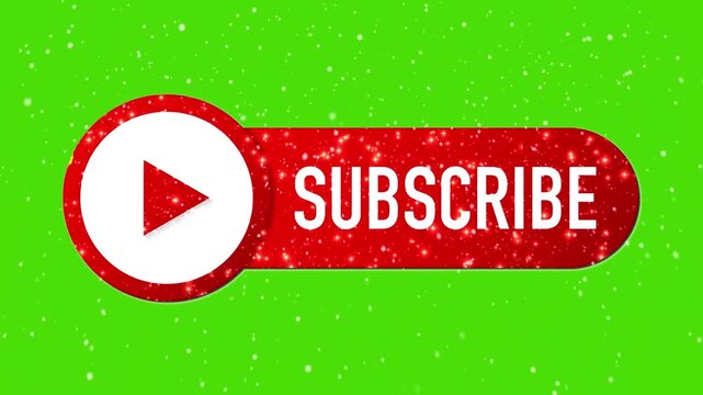 Red subscribe button animation with glowing energy fire reveal and floating particles over a chroma key green screen background