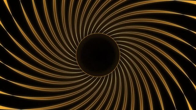Glowing Golden Spiral Tunnel Motion Background with a Central Dark Sphere and Radiating Light Lines