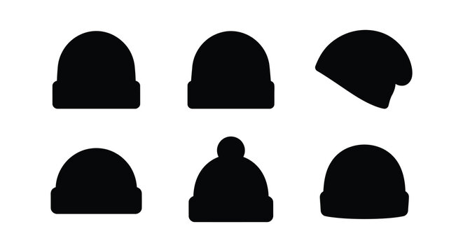 Black silhouette collection of winter beanies on a white background