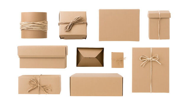 Collection of various brown cardboard gift boxes wrapped with twine isolated on transparent background as png file