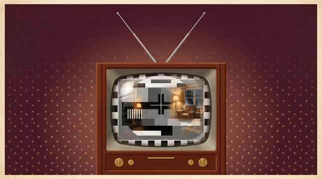 Retro Vintage Television Set with Test Pattern Screen and Antenna Against Star Wallpaper Background