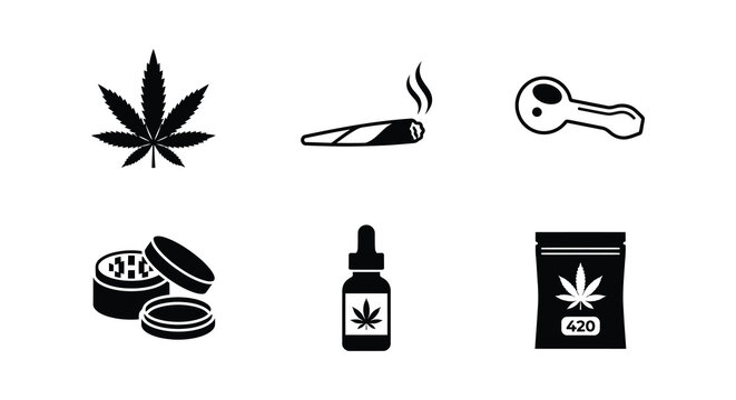 Cannabis related icons set in black silhouette style on a white background