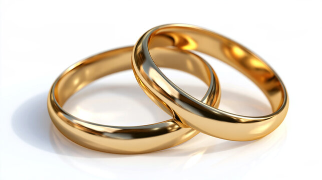 Two golden wedding rings isolated on a transparent background, symbol of love and marriage, engagement jewelry concept, with copy space