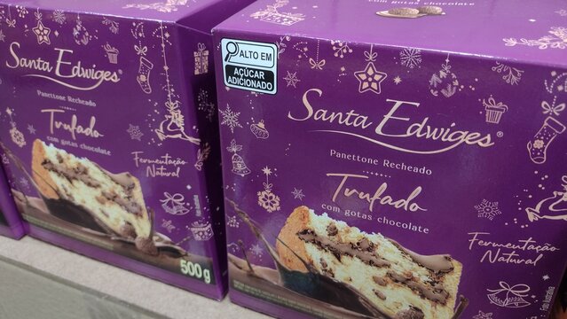 Itabira, MG, Brazil - September 28, 2026. pile of panettone boxes in supermarket stack