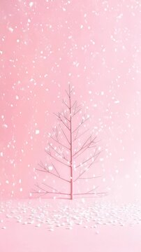 Snow Falling Over a Bare Modern Christmas Tree on Soft Pink Vertical Loop