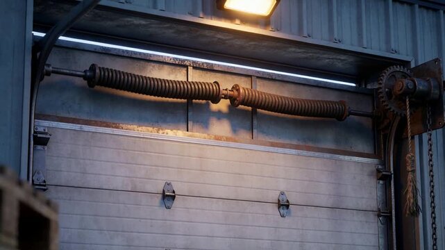 Pulling focus, closed door still while floodlight shadow shifting at bay, showing torsion spring