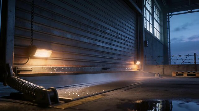 Engaging chain lifting steel shutter at loading bay, releasing mist and reflecting floodlights