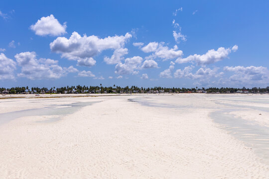 Wide view of a white sand tidal flat at low tide with shallow pools under a blue sky with white clouds and a distant line of palm trees and beach houses, Jambiani, Tanzania