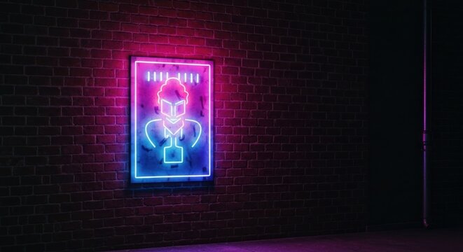 Neon sign depicting a stylized face on a brick wall in a dark alleyway