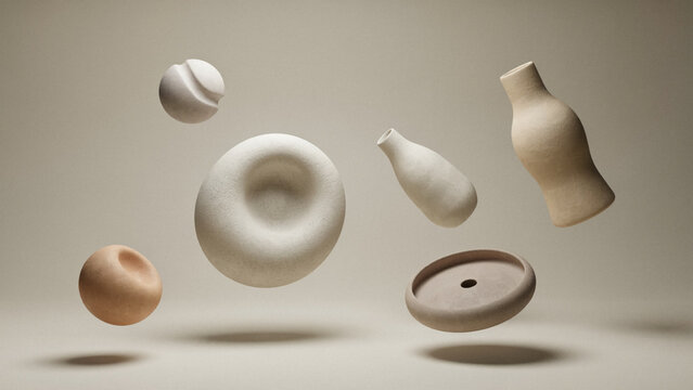 Set of modern beige ceramic pottery objects floating in air against textured background with sculpture floating minimalist background abstract decoration interior creative sculptural material
