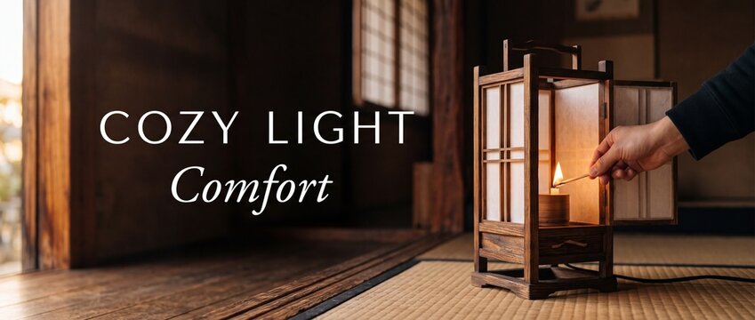 Japanese wooden lantern lighting candle on tatami mat. Hand lights traditional andon lamp in a dark rustic wood interior, creating a cozy, warm, and comforting zen atmosphere for peaceful relaxation.