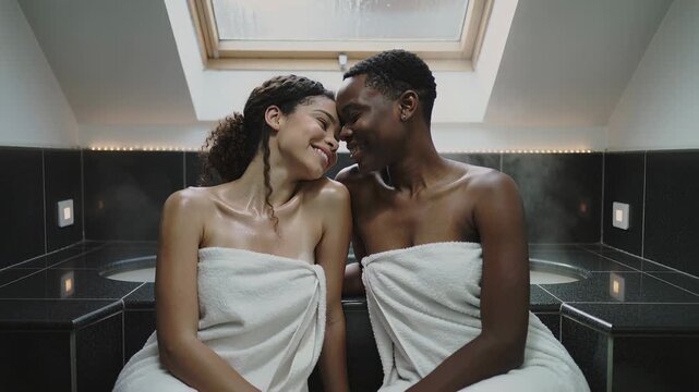 Leaning two women holding eye contact and moving closer at spa bench, seeking closeness with towels