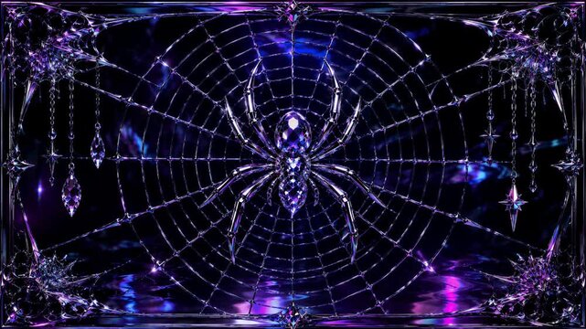 Jeweled spider centered in an intricate web with purple reflections. Halloween decoration. Spooky gothic fantasy. Seasonal holiday concept. Ornamental arachnid design.