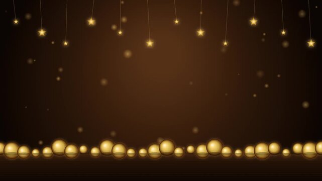 Golden Christmas Ornaments and Hanging Stars Background with Glowing Particles on Dark Brown Surface