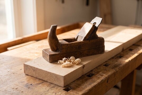 Wood shavings and a hand plane on an unfinished board