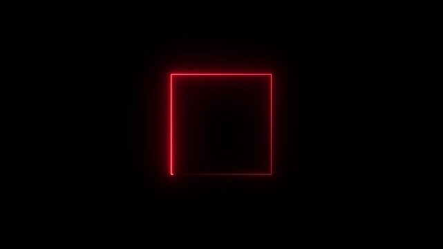 Luminous neon square frame glowing with electric red light, forming a geometric box border with copy space on a dark black background..