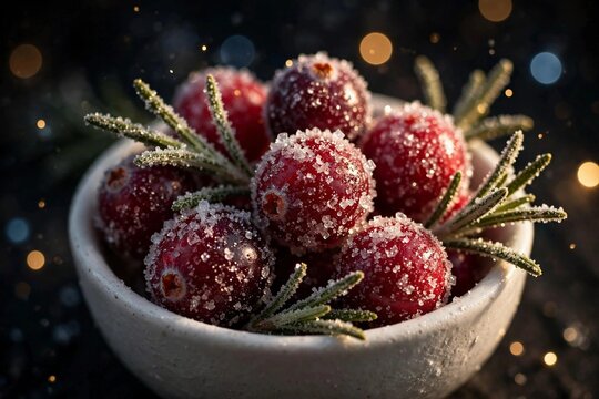 Frosted sugared cranberries macro with sparkling sugar crystals