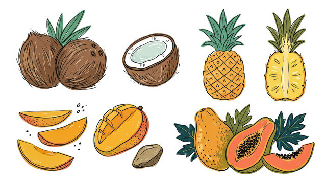 Hand-drawn tropical fruit illustration set with coconut, pineapple, mango slices and papaya on white background.