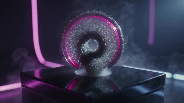 Rising vapor from plinth pushing drops spiraling on glass ring forming vortex in neon tubing studio