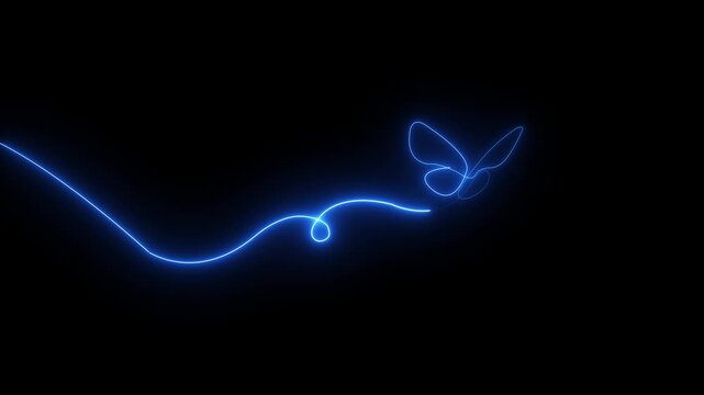4k Blue neon butterfly outline with glowing line animation and flowing wave trail abstract flying symbol motion graphics..