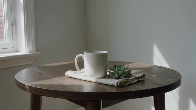 Shifting sunlight through window moving over wood table at home showing mug on napkin and succulent