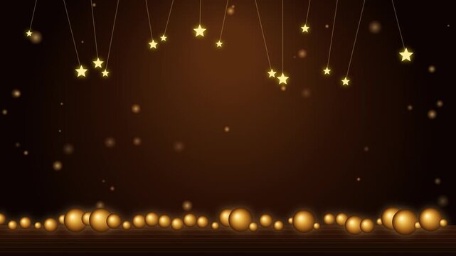 Golden Glowing Stars Hanging on Strings with Bokeh Orbs Background Festive Holiday Motion Graphics