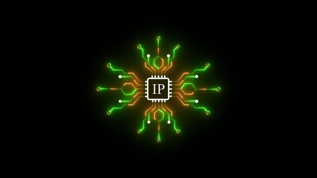 Glowing IP microchip icon connected to radiating circuit lines, representing a digital central processor and hardware network on black background