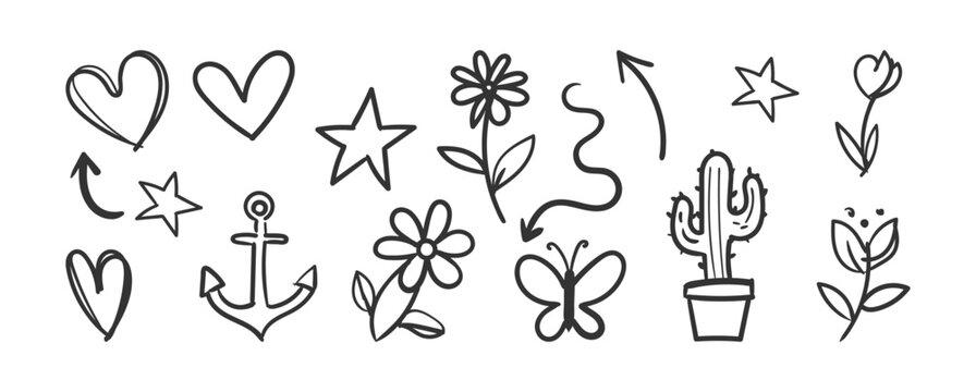 Handdrawn doodle elements including hearts, stars, flowers, an anchor, a butterfly, a cactus, and arrows web icon set in linear style