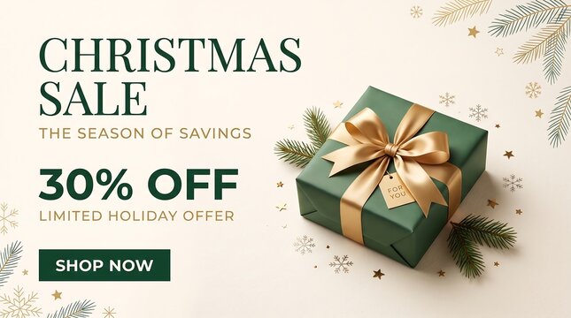 Christmas sale banner showcasing 30 off gift box with holiday