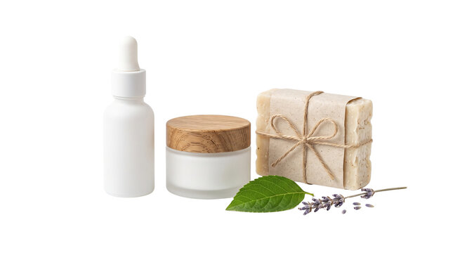 Natural organic skincare product mockups, essential oil serum dropper bottle with face cream jar and natural bar soap, spa cosmetic packaging isolated PNG with Transparent Background